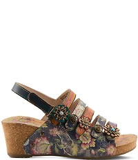 L'ARTISTE Buckleitup Hand-Painted Floral Ornamented Leather Platform Wedge Sandals