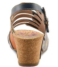 L'ARTISTE Buckleitup Hand-Painted Floral Ornamented Leather Platform Wedge Sandals