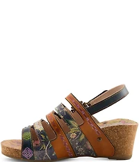 L'ARTISTE Buckleitup Hand-Painted Floral Ornamented Leather Platform Wedge Sandals