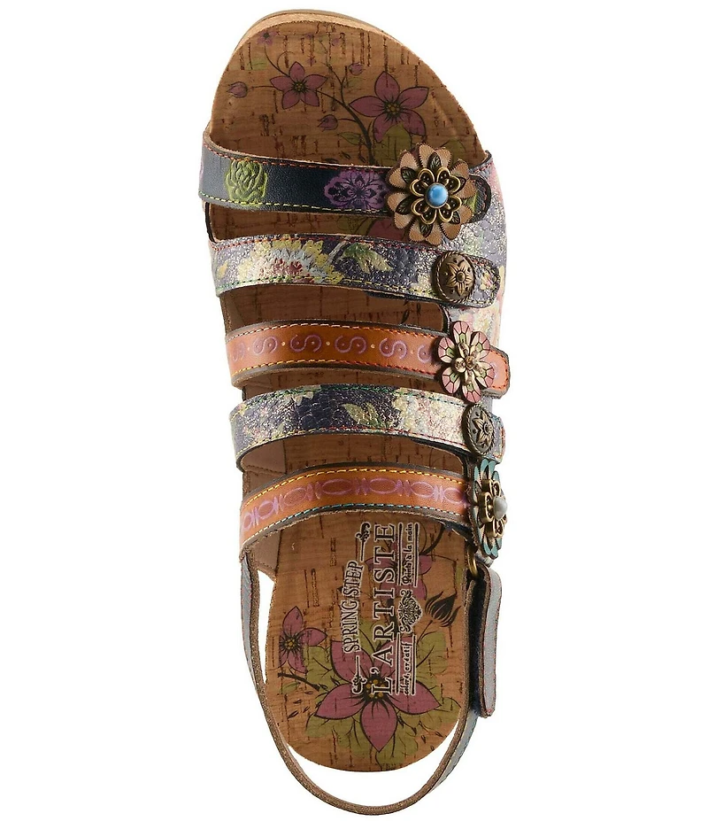 L'ARTISTE Buckleitup Hand-Painted Floral Ornamented Leather Platform Wedge Sandals