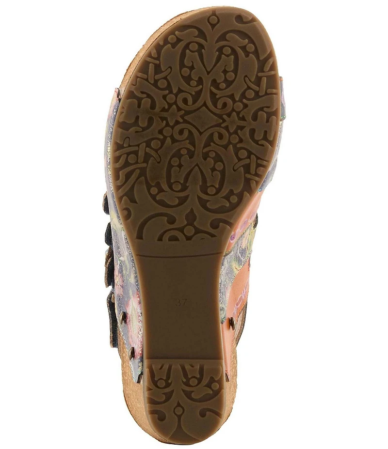 L'ARTISTE Buckleitup Hand-Painted Floral Ornamented Leather Platform Wedge Sandals