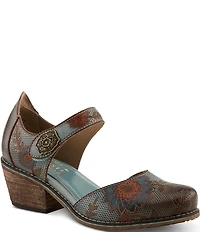 L'ARTISTE Cabracho Leather Floral Print Perforated Mary Jane Pumps