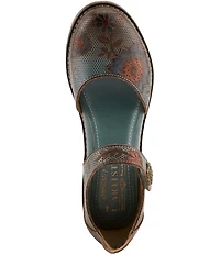 L'ARTISTE Cabracho Leather Floral Print Perforated Mary Jane Pumps