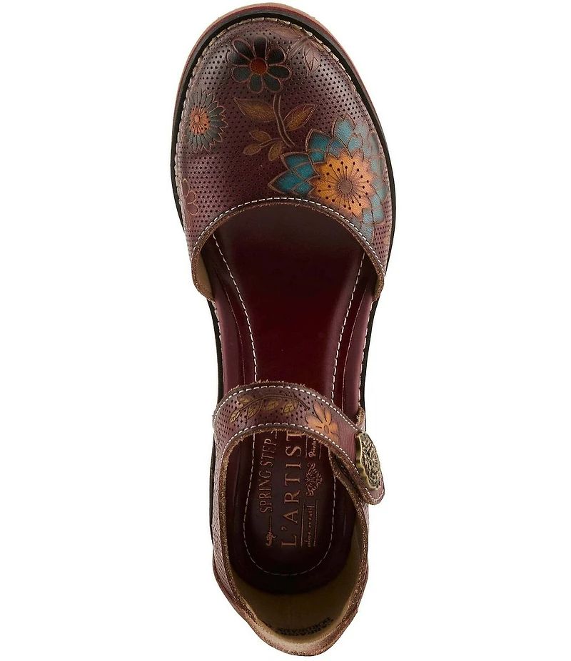L'ARTISTE Cabracho Leather Floral Print Perforated Mary Jane Pumps