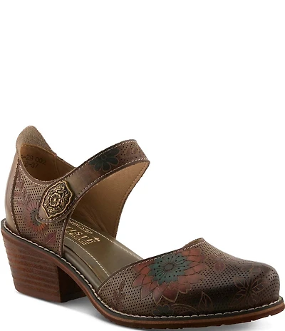 L'ARTISTE Cabracho Leather Floral Print Perforated Mary Jane Pumps