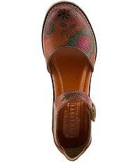 L'ARTISTE Cabracho Leather Floral Print Perforated Mary Jane Pumps
