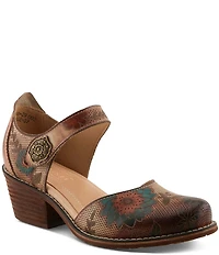 L'ARTISTE Cabracho Leather Floral Print Perforated Mary Jane Pumps