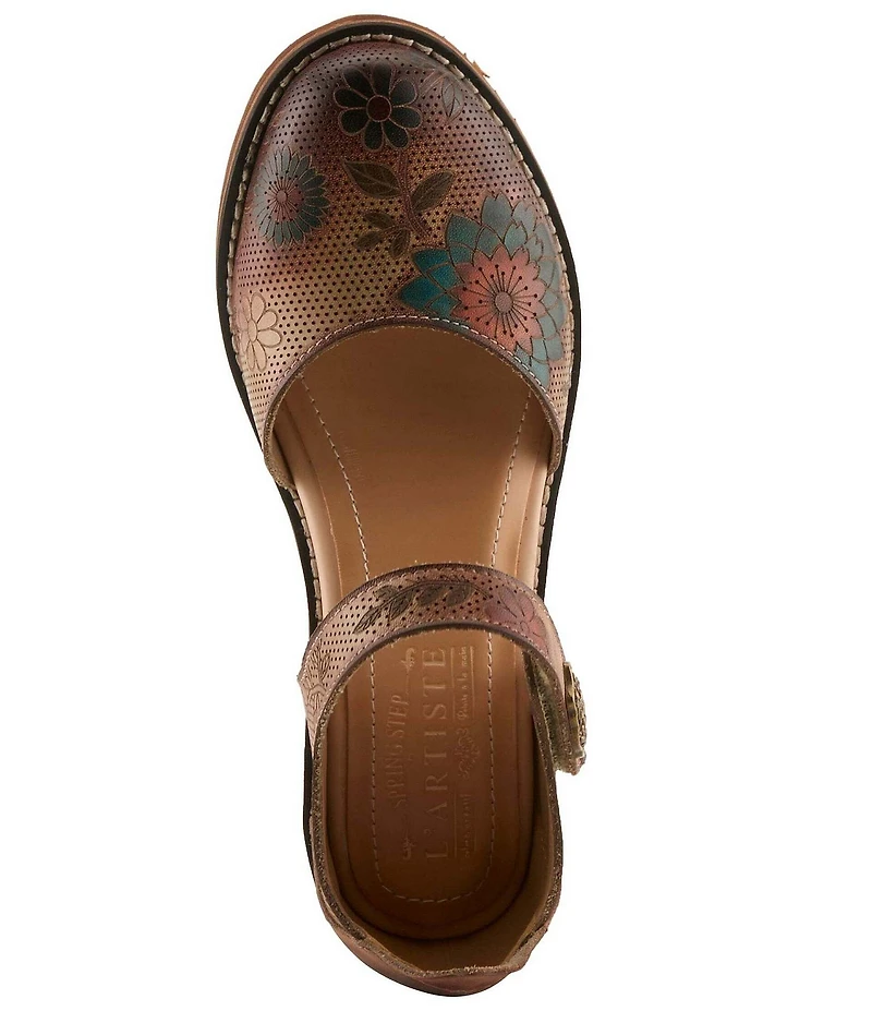 L'ARTISTE Cabracho Leather Floral Print Perforated Mary Jane Pumps