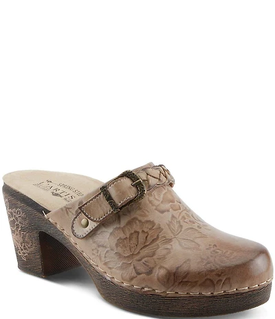 L'ARTISTE Calliroe Hand Painted Floral Leather Buckle Strap Hardware Clogs