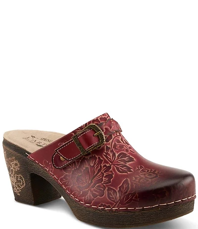 L'ARTISTE Calliroe Hand Painted Floral Leather Buckle Strap Hardware Clogs