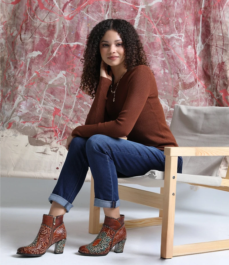 L'ARTISTE Cherish Floral Embossed Leather Booties