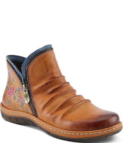 L'ARTISTE Chesapeake Leather Painted Floral Ruched Faux Fur Lined Booties
