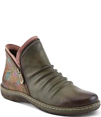 L'ARTISTE Chesapeake Leather Painted Floral Ruched Faux Fur Lined Booties