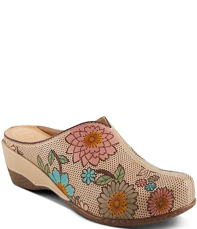 L'ARTISTE Chienti Floral Painted Perforated Leather Clogs