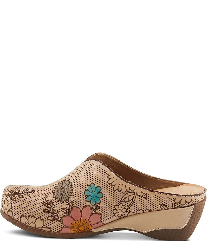 L'ARTISTE Chienti Floral Painted Perforated Leather Clogs