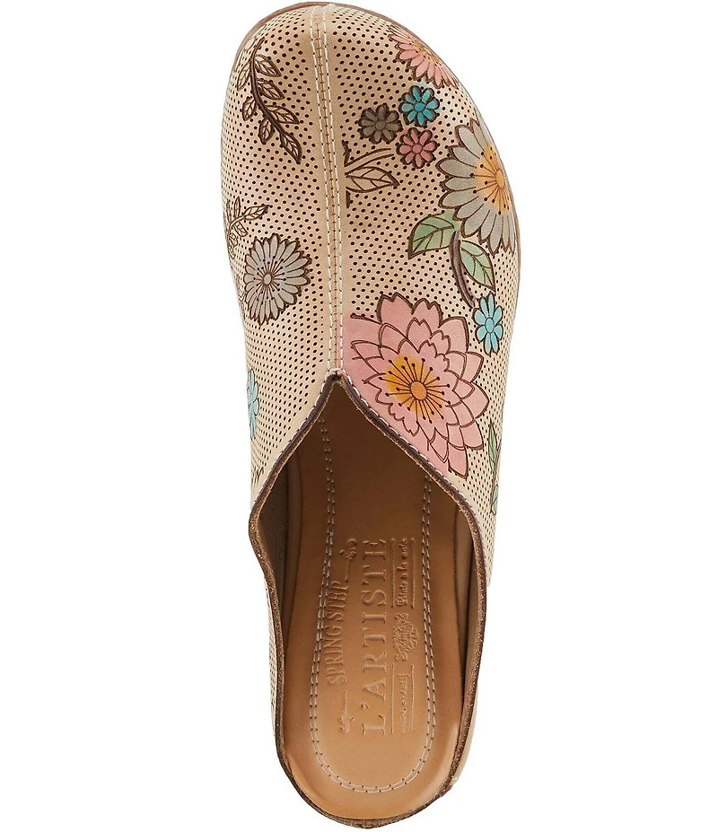 L'ARTISTE Chienti Floral Painted Perforated Leather Clogs