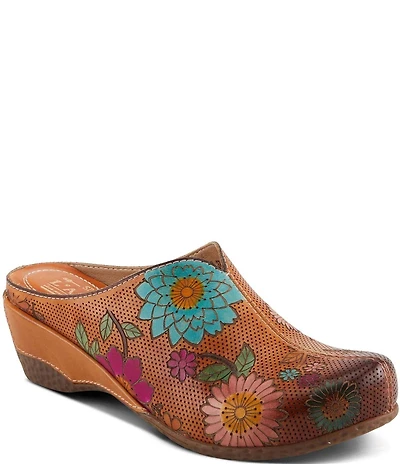 L'ARTISTE Chienti Floral Painted Perforated Leather Clogs