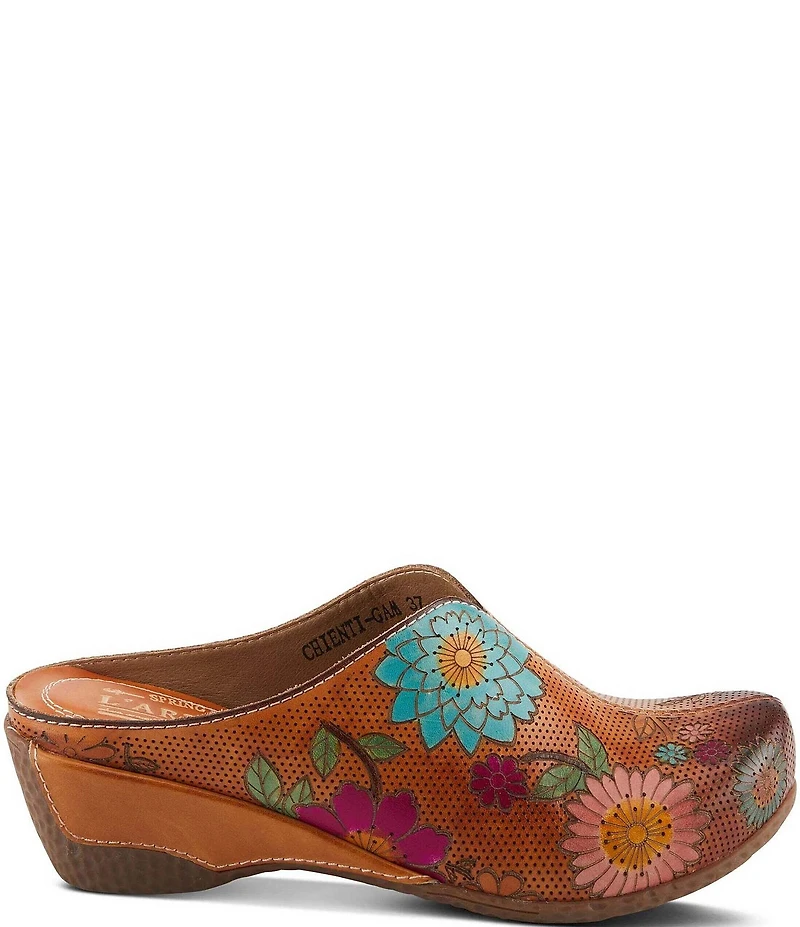 L'ARTISTE Chienti Floral Painted Perforated Leather Clogs