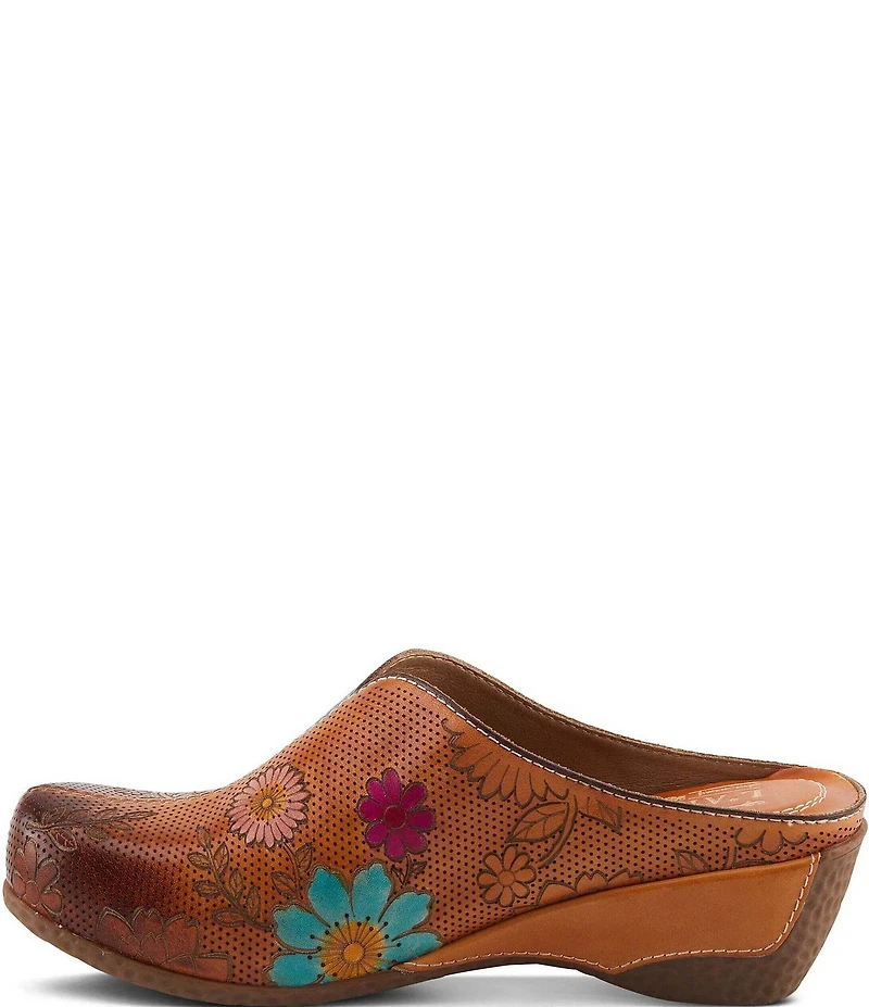 L'ARTISTE Chienti Floral Painted Perforated Leather Clogs