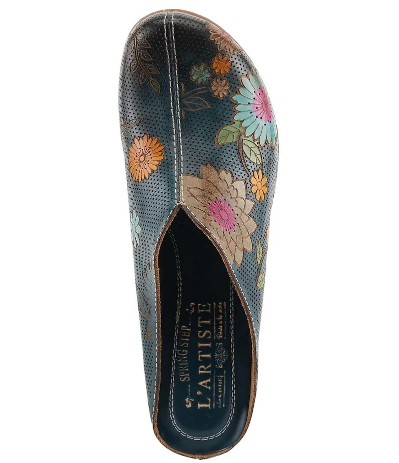 L'ARTISTE Chienti Floral Painted Perforated Leather Clogs