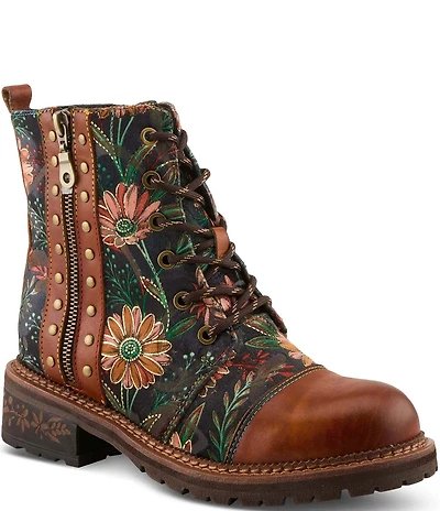 L'ARTISTE Cordea Studded Leather and Floral Embroidered Faux Fur Lined Booties