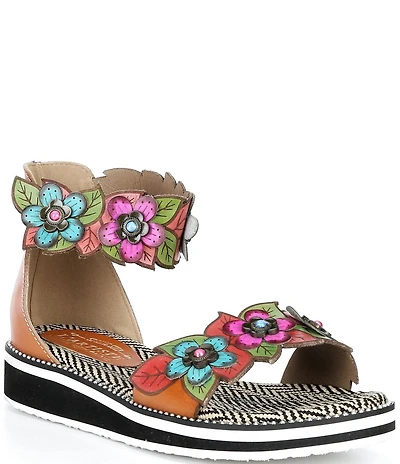 L'ARTISTE Cruzer Leather Flower Embellished Wedge Sandals