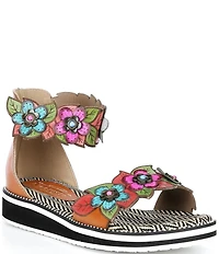 L'ARTISTE Cruzer Leather Flower Embellished Wedge Sandals