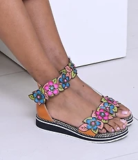 L'ARTISTE Cruzer Leather Flower Embellished Wedge Sandals