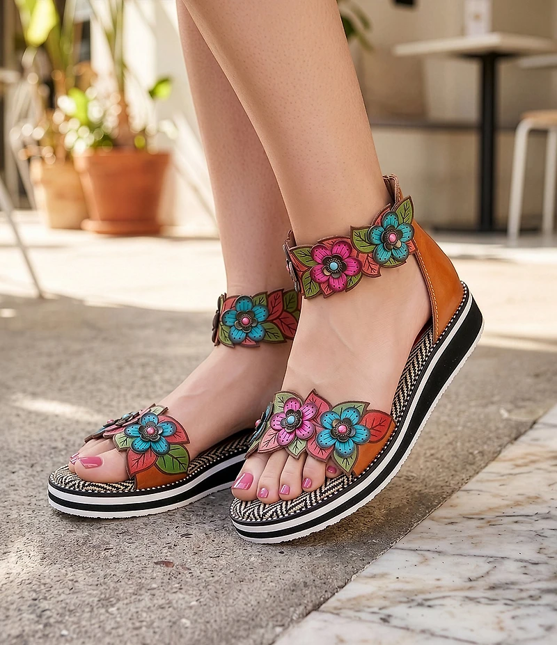 L'ARTISTE Cruzer Leather Flower Embellished Wedge Sandals