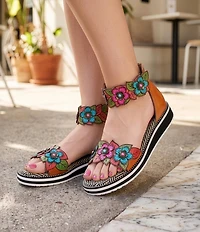 L'ARTISTE Cruzer Leather Flower Embellished Wedge Sandals