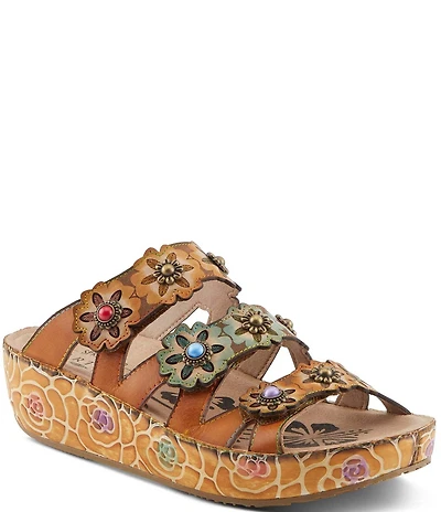 L'ARTISTE Cuddlecake Leather Flower Applique Platform Wedge Slide Sandals