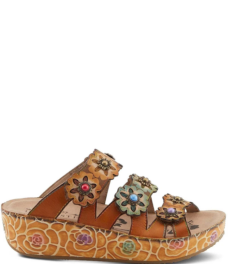 L'ARTISTE Cuddlecake Leather Flower Applique Platform Wedge Slide Sandals