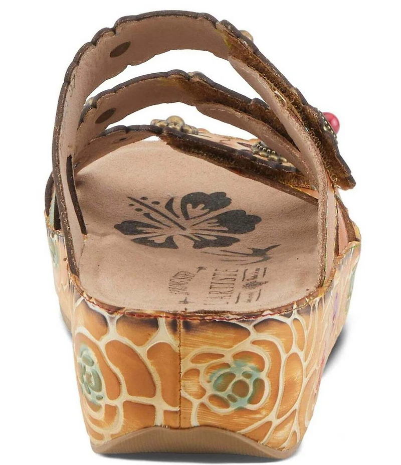 L'ARTISTE Cuddlecake Leather Flower Applique Platform Wedge Slide Sandals