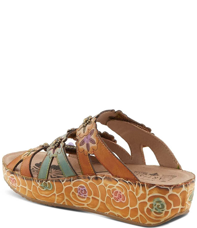 L'ARTISTE Cuddlecake Leather Flower Applique Platform Wedge Slide Sandals