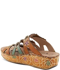 L'ARTISTE Cuddlecake Leather Flower Applique Platform Wedge Slide Sandals