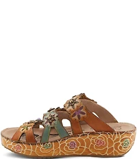 L'ARTISTE Cuddlecake Leather Flower Applique Platform Wedge Slide Sandals