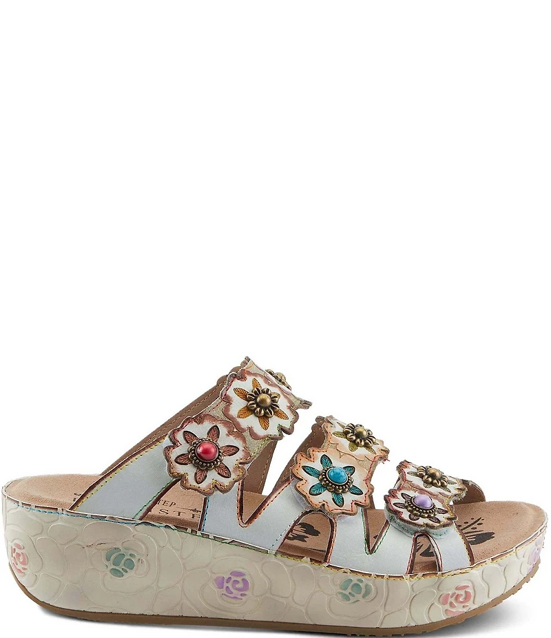 L'ARTISTE Cuddlecake Leather Flower Applique Platform Wedge Slide Sandals