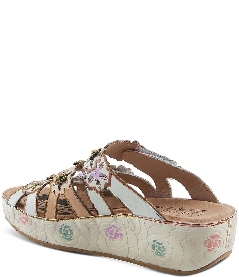 L'ARTISTE Cuddlecake Leather Flower Applique Platform Wedge Slide Sandals