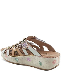 L'ARTISTE Cuddlecake Leather Flower Applique Platform Wedge Slide Sandals