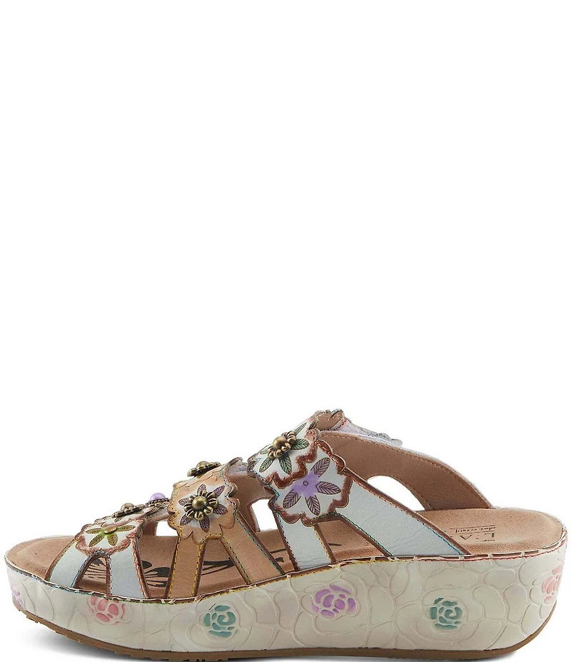 L'ARTISTE Cuddlecake Leather Flower Applique Platform Wedge Slide Sandals