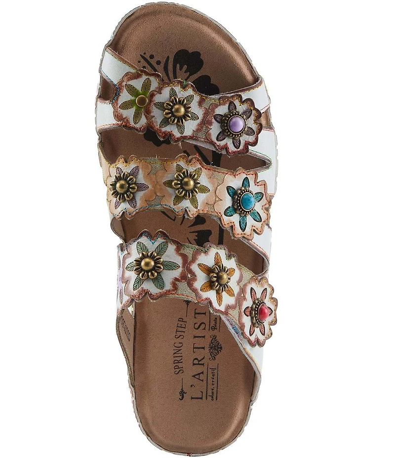 L'ARTISTE Cuddlecake Leather Flower Applique Platform Wedge Slide Sandals