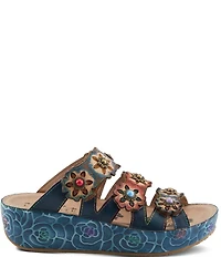 L'ARTISTE Cuddlecake Leather Flower Applique Platform Wedge Slide Sandals