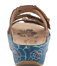 L'ARTISTE Cuddlecake Leather Flower Applique Platform Wedge Slide Sandals