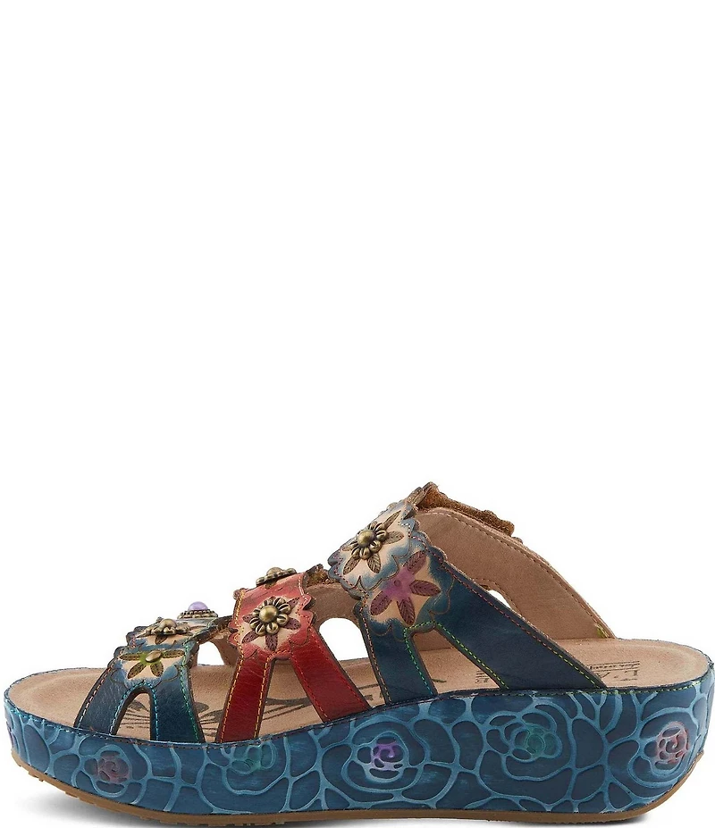 L'ARTISTE Cuddlecake Leather Flower Applique Platform Wedge Slide Sandals