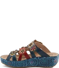 L'ARTISTE Cuddlecake Leather Flower Applique Platform Wedge Slide Sandals