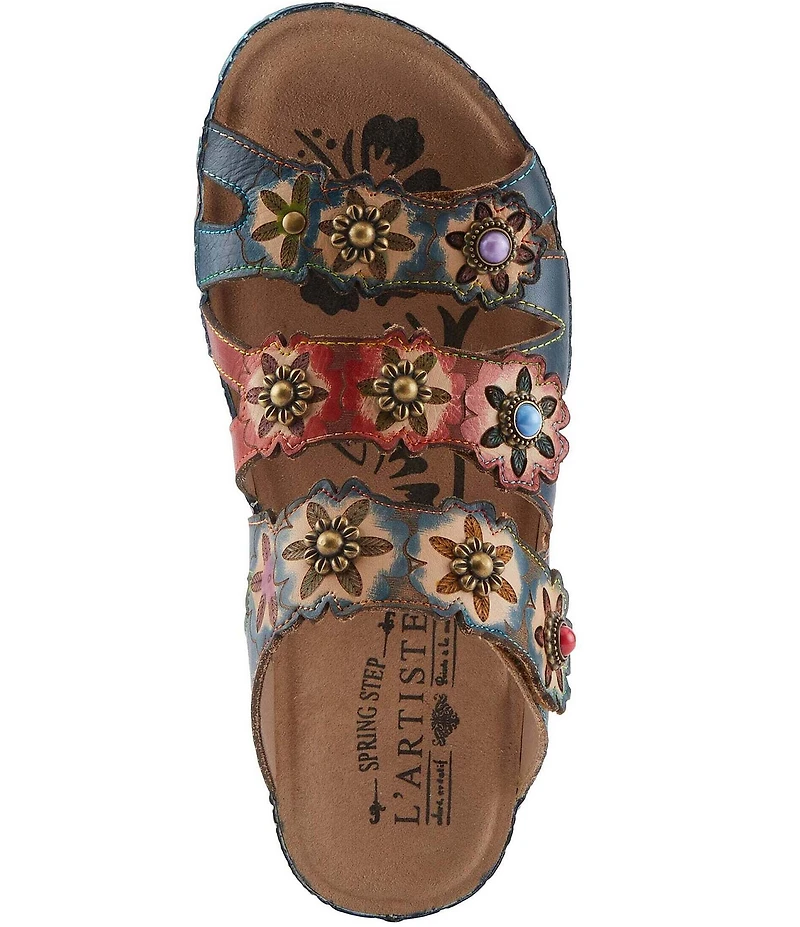 L'ARTISTE Cuddlecake Leather Flower Applique Platform Wedge Slide Sandals