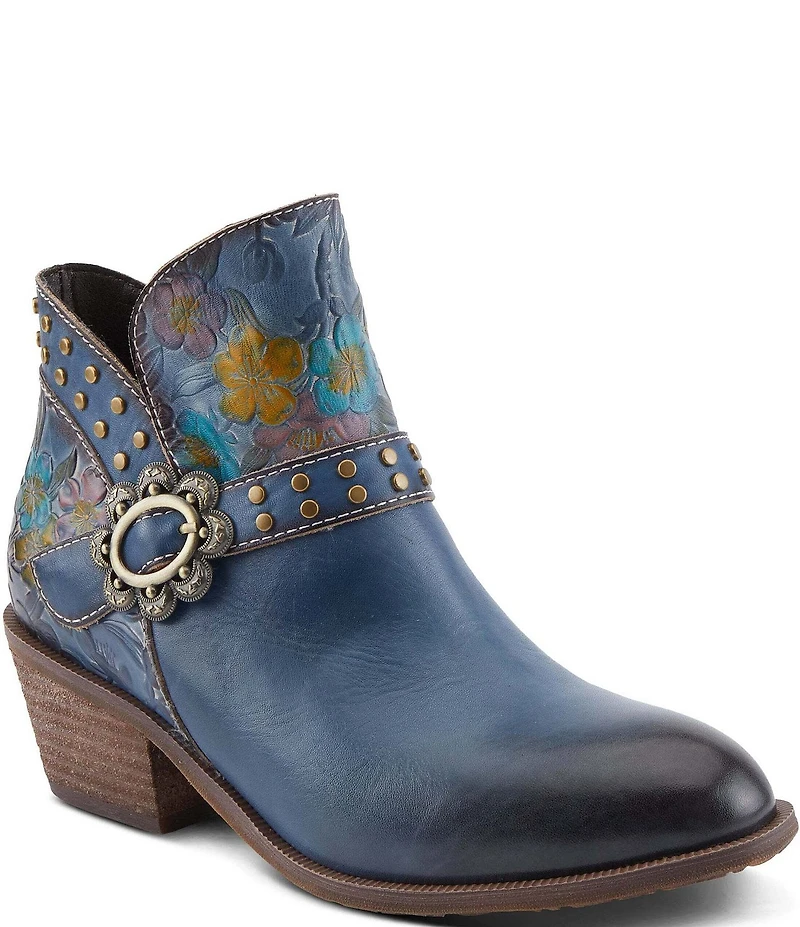 L'ARTISTE Daintylady Studded Floral Embossed Leather Buckle Hardware Short Booties