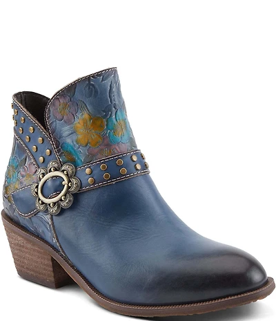 L'ARTISTE Daintylady Studded Floral Embossed Leather Buckle Hardware Short Booties