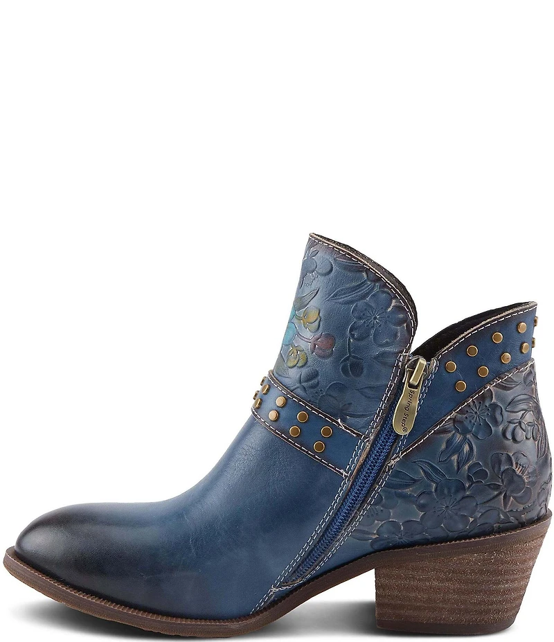 L'ARTISTE Daintylady Studded Floral Embossed Leather Buckle Hardware Short Booties