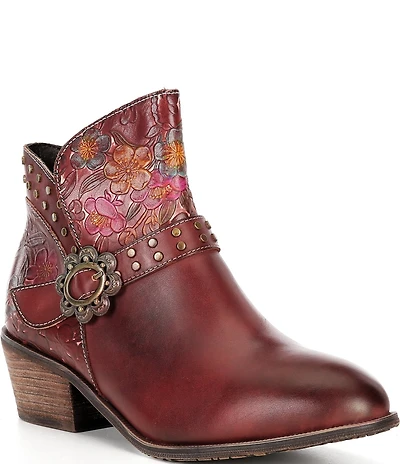 L'ARTISTE Daintylady Studded Floral Embossed Leather Buckle Hardware Short Booties